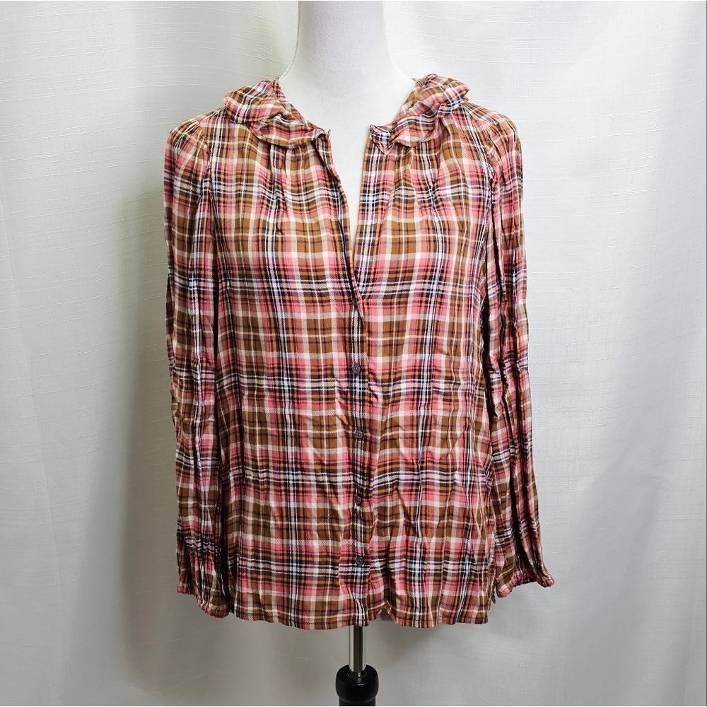 J. Crew Point Sur Plaid Ruffle Trim Blouse Size Small